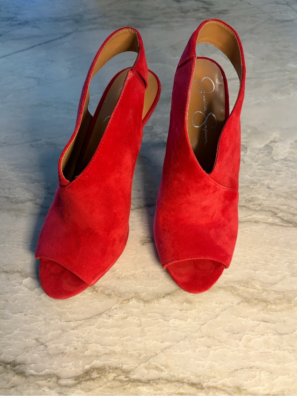Jessica Simpson Red Suede Open-Toe Stiletto Sandals - Picture 3 of 6